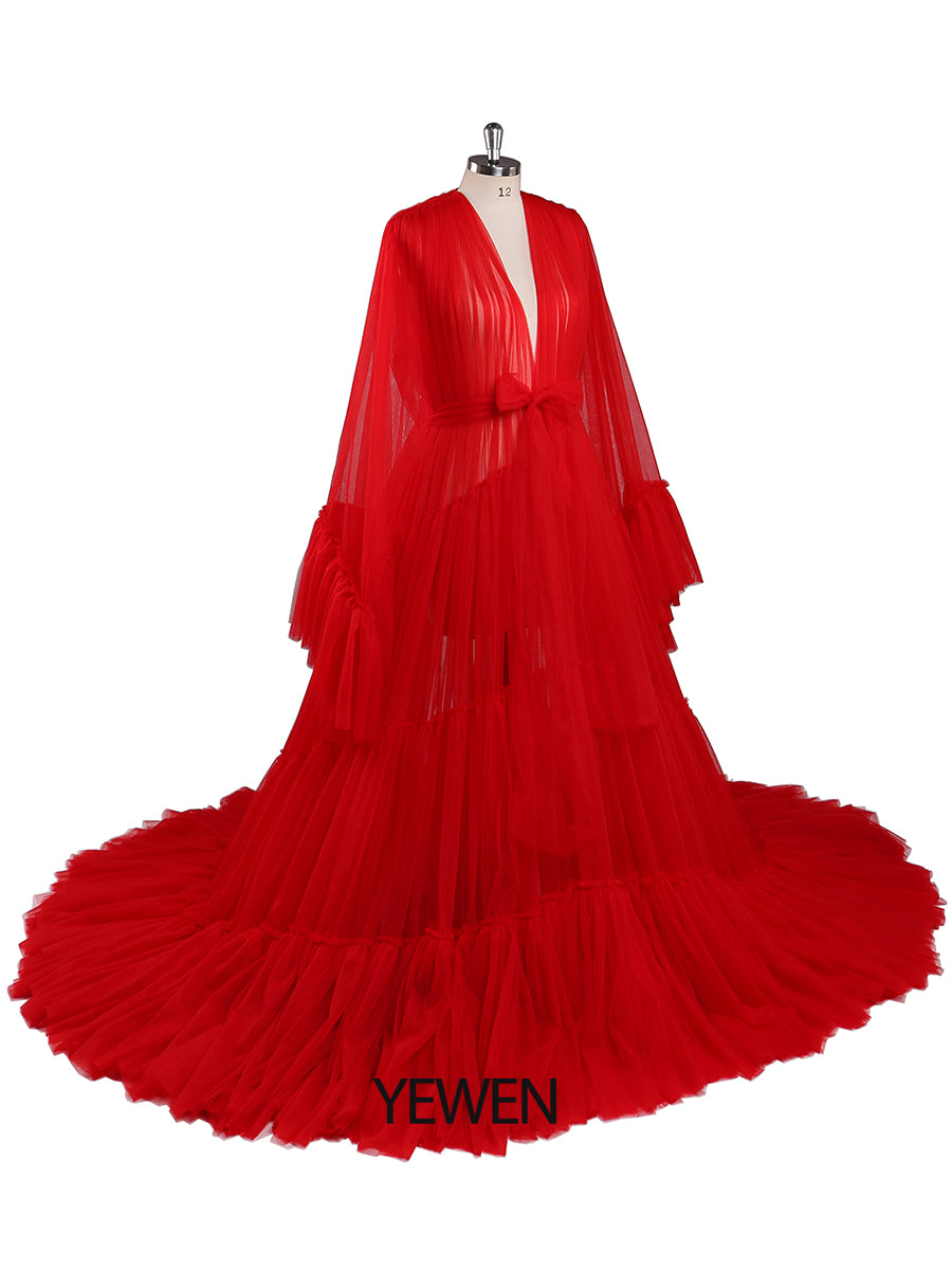 Langärmliges Ballkleid mit großem Rock, V-Ausschnitt, A-Linie, Party-Maxi-Abendkleid, Fotoshooting-Kleid