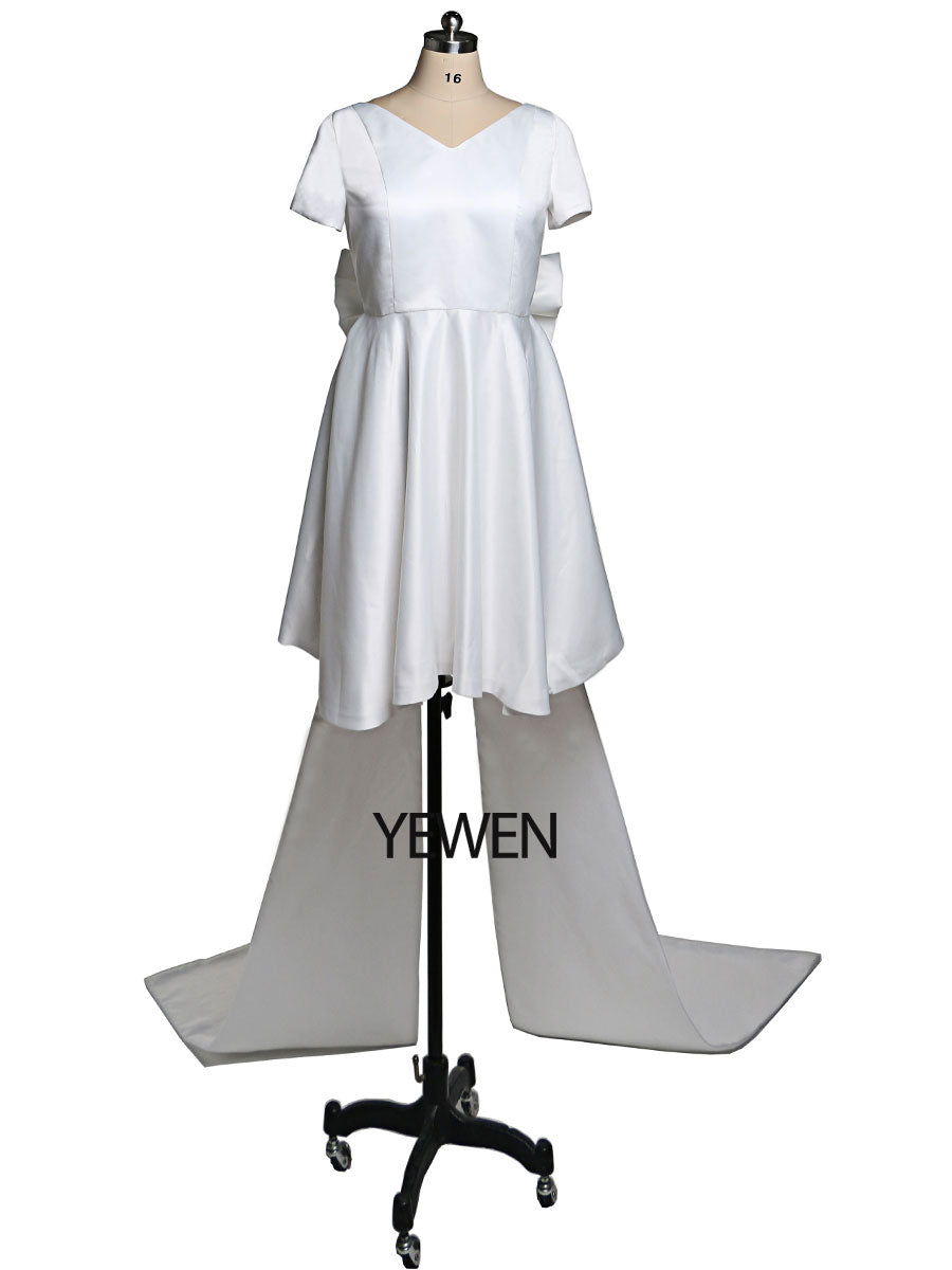 Elegantes Ballkleid mit großer Schleife und V-Ausschnitt, kurzärmelig, Partykleid, Hochzeitsgast, Brautjungfernkleid 