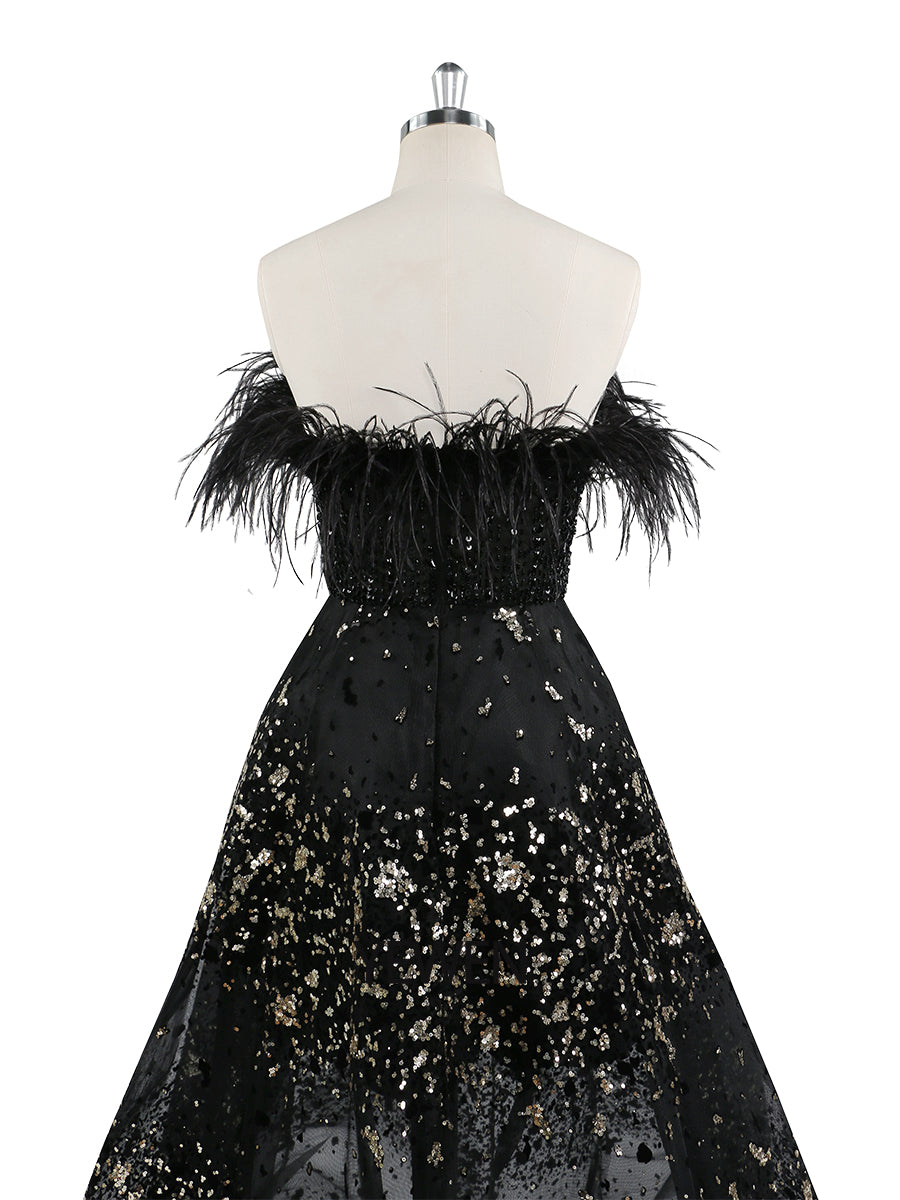 Schwarzes A-Linien-Abendkleid mit Perlen und Federn, Luxus-Hochzeitskleid, YEWEN 
