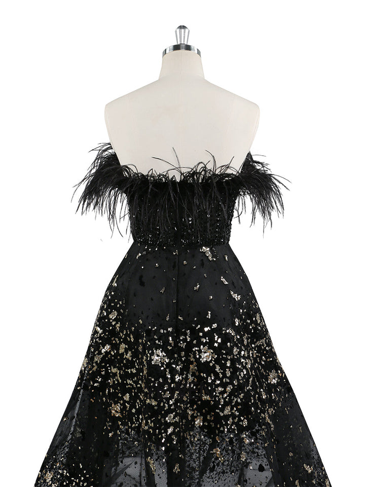 Schwarzes A-Linien-Abendkleid mit Perlen und Federn, Luxus-Hochzeitskleid, YEWEN 