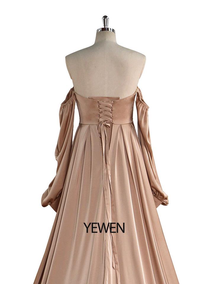 A-Linie Satin Brautkleid mit Schnürung am Rücken und langen Ärmeln, Kleider für Fotoshootings YW220928 
