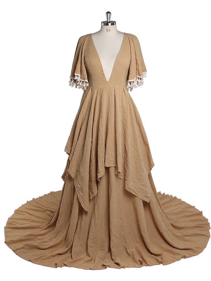 Elegantes Umstandskleid aus Baumwolle für Fotoshootings, V-Ausschnitt, Maxikleid für Fotografie, YEWEN, Übergröße, YW220415