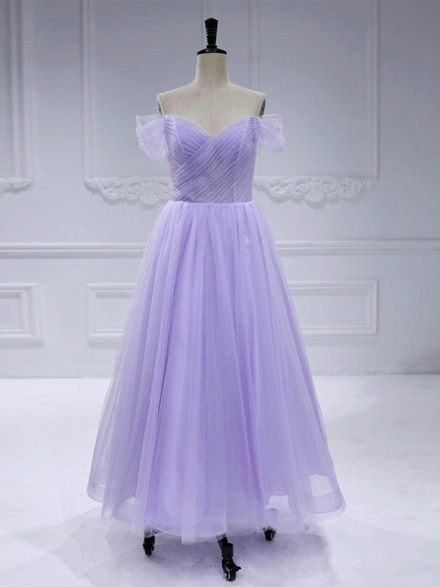 A-line, Off the Shoulder ,Tulle Prom Dresses, Ankle Length