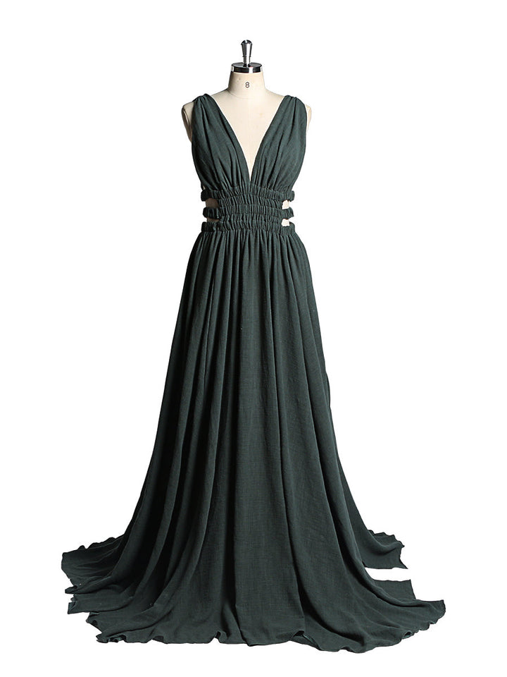V-Ausschnitt Kleid mit elastischer Taille und Seitenschlitz für Fotoshootings, YW221118