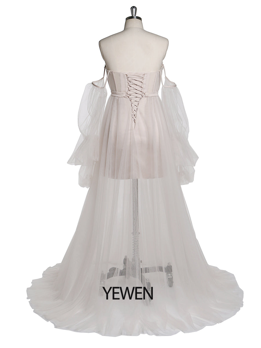 Long Sleeves Off Shoulder Floor Length Slipt Front Tulle Prom Gown