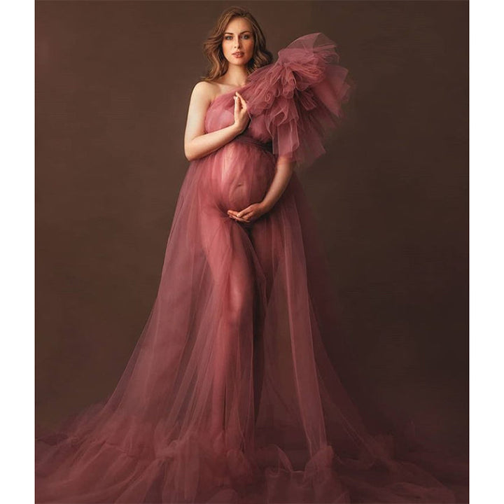 Umstandskleid mit einer Schulter und Ärmeln, dehnbare Taille, für Fotoshootings, Babyparty-Kleider 