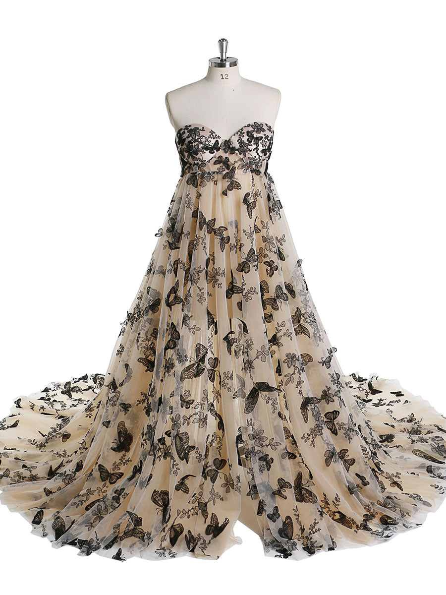 Elegantes Umstandskleid mit Stickerei und Schmetterling für Fotoshootings, abnehmbare Ärmel, Maxikleid für Babypartys, YW220420 