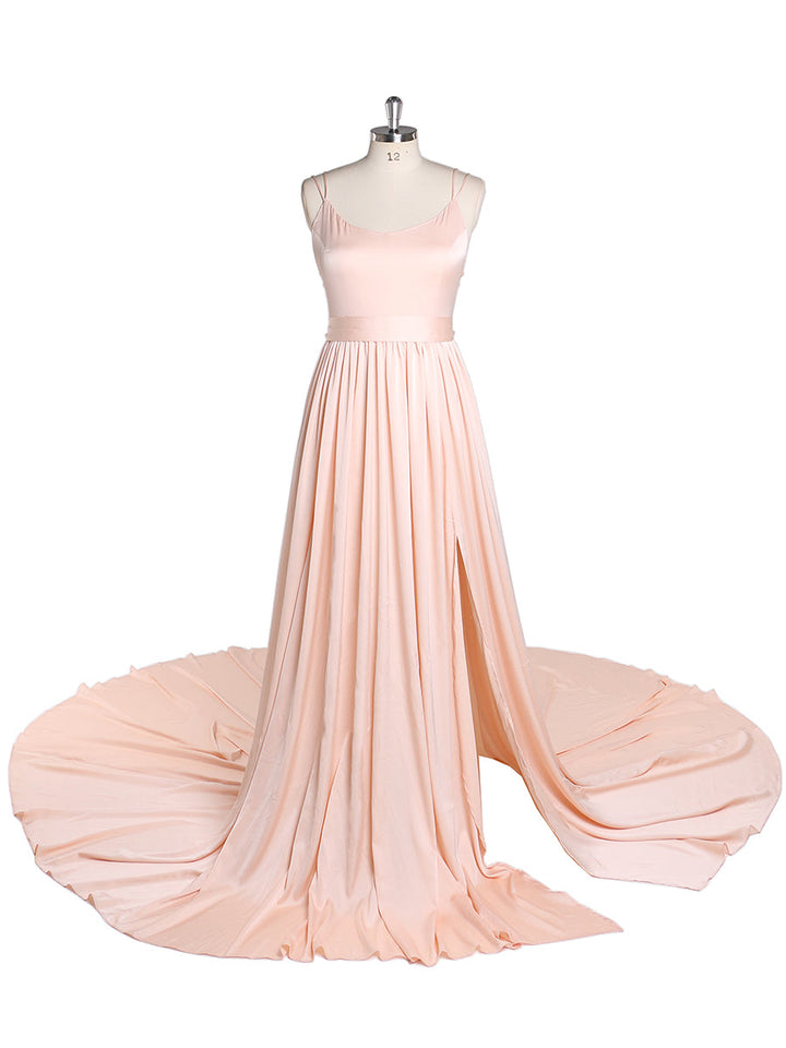 Leichtes Seidensatin-Abschlussballkleid mit dünnen Trägern, Bohemian-Hochzeitspartykleid mit Schlitz, Fotografie-Kleid, Maxi-Frauenkleid, YEWEN YD22408 