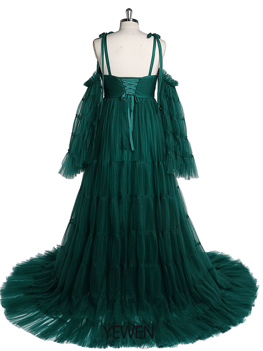 Plissiertes Umstandskleid aus Tüll für Fotoshootings, große ausgestellte Ärmel, Fotoshooting-Kleid für Damen, YW21025