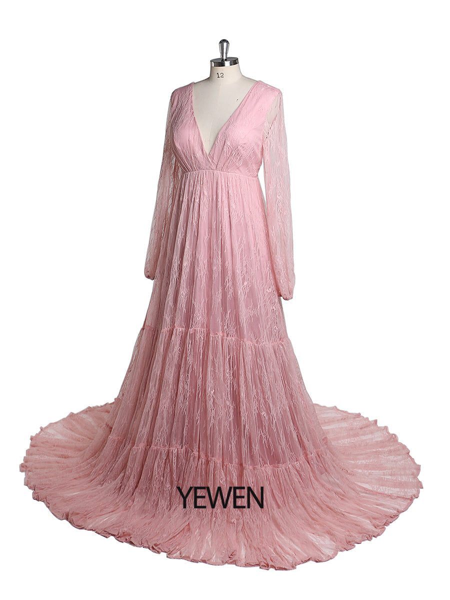 Elegantes Abendkleid mit V-Ausschnitt und langen Ärmeln aus Spitze, Umstandskleid für Fotografie, Babyparty, YW2046
