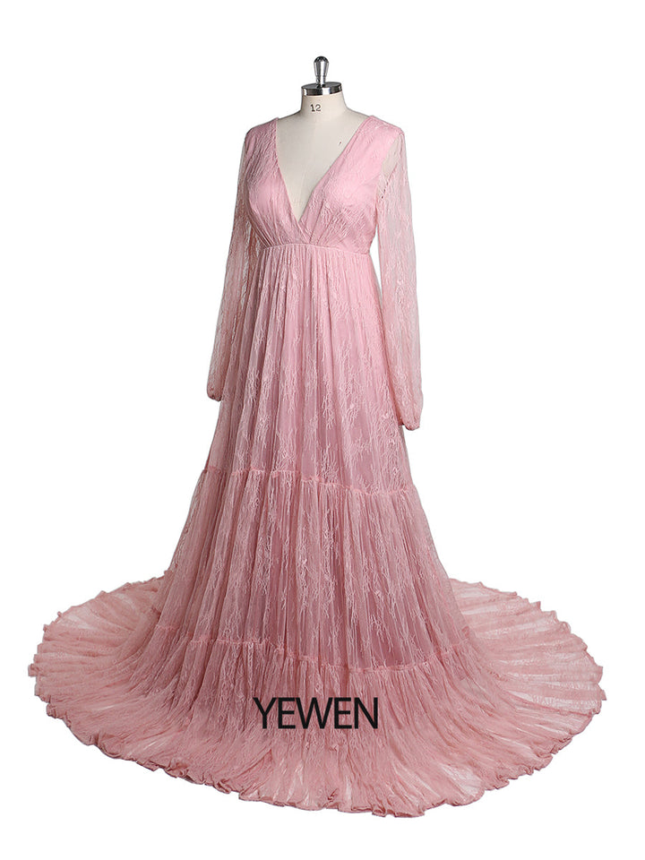 Elegantes Abendkleid mit V-Ausschnitt und langen Ärmeln aus Spitze, Umstandskleid für Fotografie, Babyparty, YW2046