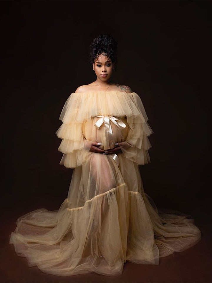 Schulterfreies, durchsichtiges Maxikleid mit Rüschen in Übergröße, Umstandskleid für Fotoshootings
