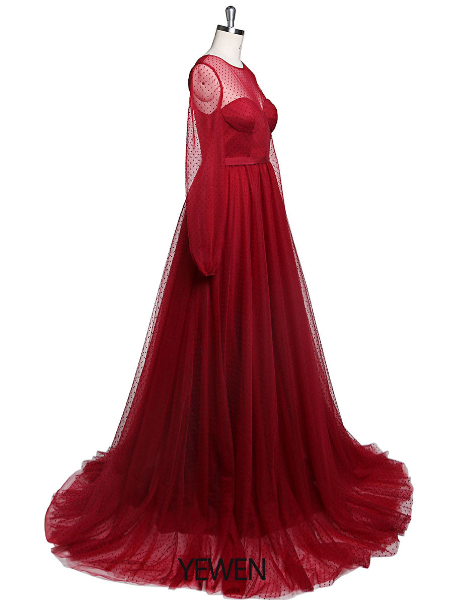 Langärmliges Ballkleid mit Rundhalsausschnitt und gepunktetem Tüll für Fotoshootings 