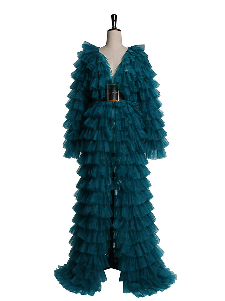 Grünes Abendkleid, Ballkleid, Tüll, gestuftes Langarm-Maxikleid für Damen