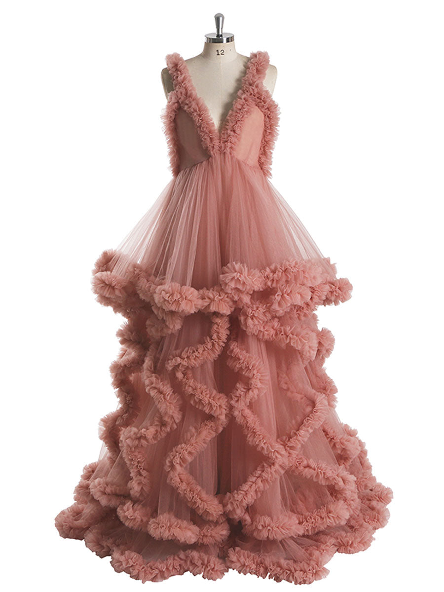 Rüschen Tüllkleid Elegante ärmellose Umstandskleider für Fotoshooting