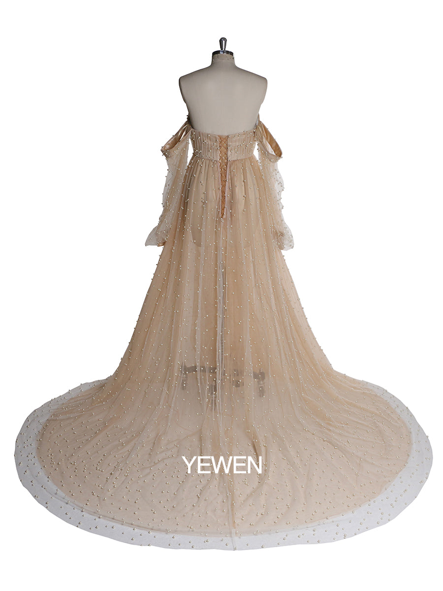 Schulterfreies, elfenbeinfarbenes, langärmliges Umstandskleid mit Perlen vorne und offen, Fotoshooting-Kleid für Damen LT024 