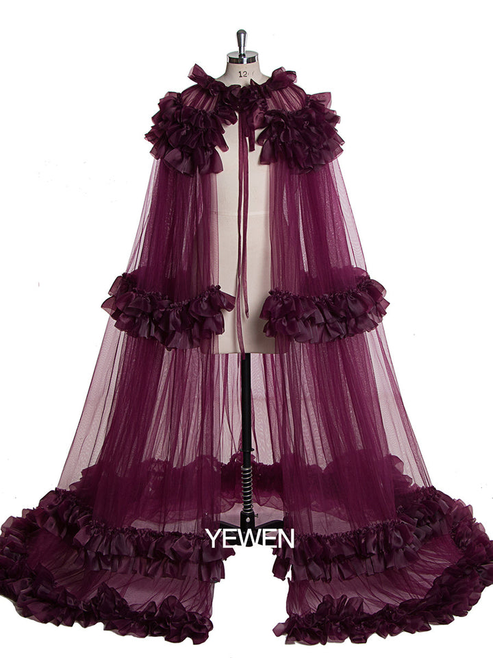 Elegantes Cape, plissiertes, gerüschtes Maxi-Brautkleid, Jacke für Umstandskleid-Fotoshooting