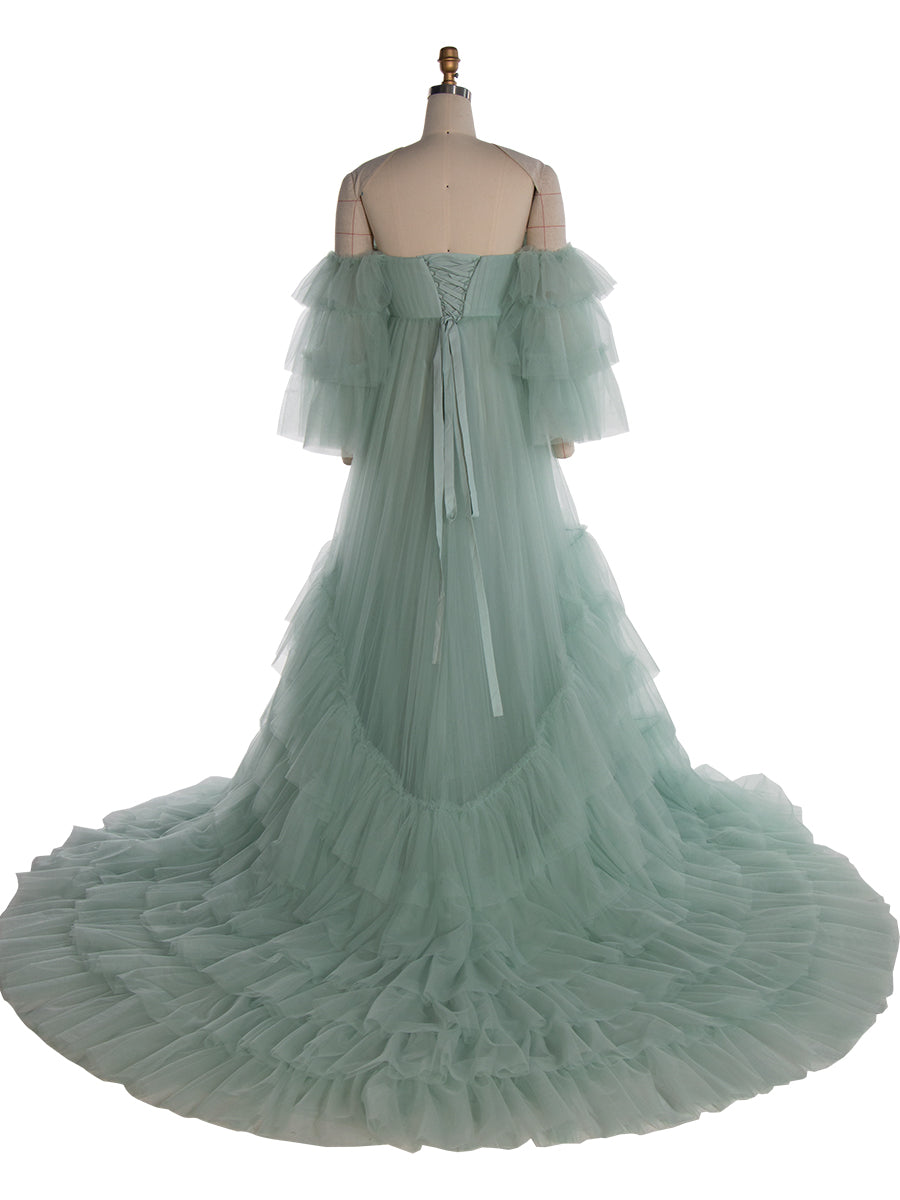 Baby blaues Tüllkleid für Fotoshooting Rüschen Bunte Brautkleider YW2051-2 