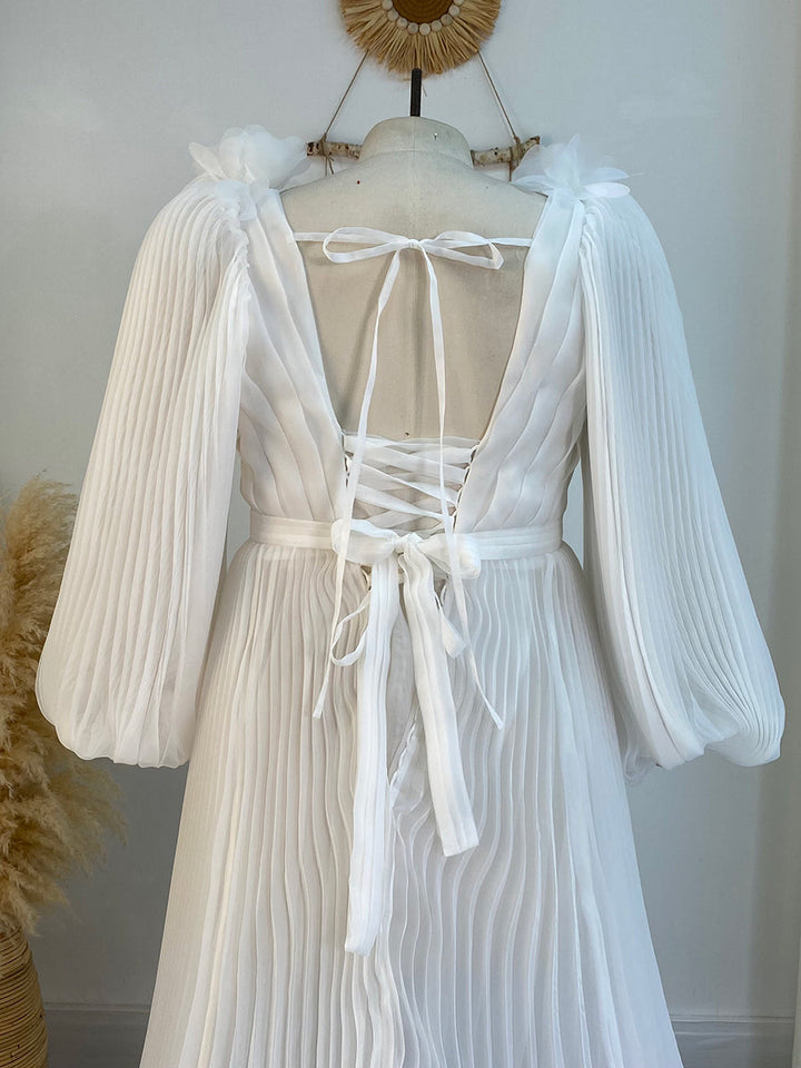 Lange Ärmel V-Ausschnitt Hochzeit Brautjungfernkleid Weiches Organza Plisseekleid YW243114 