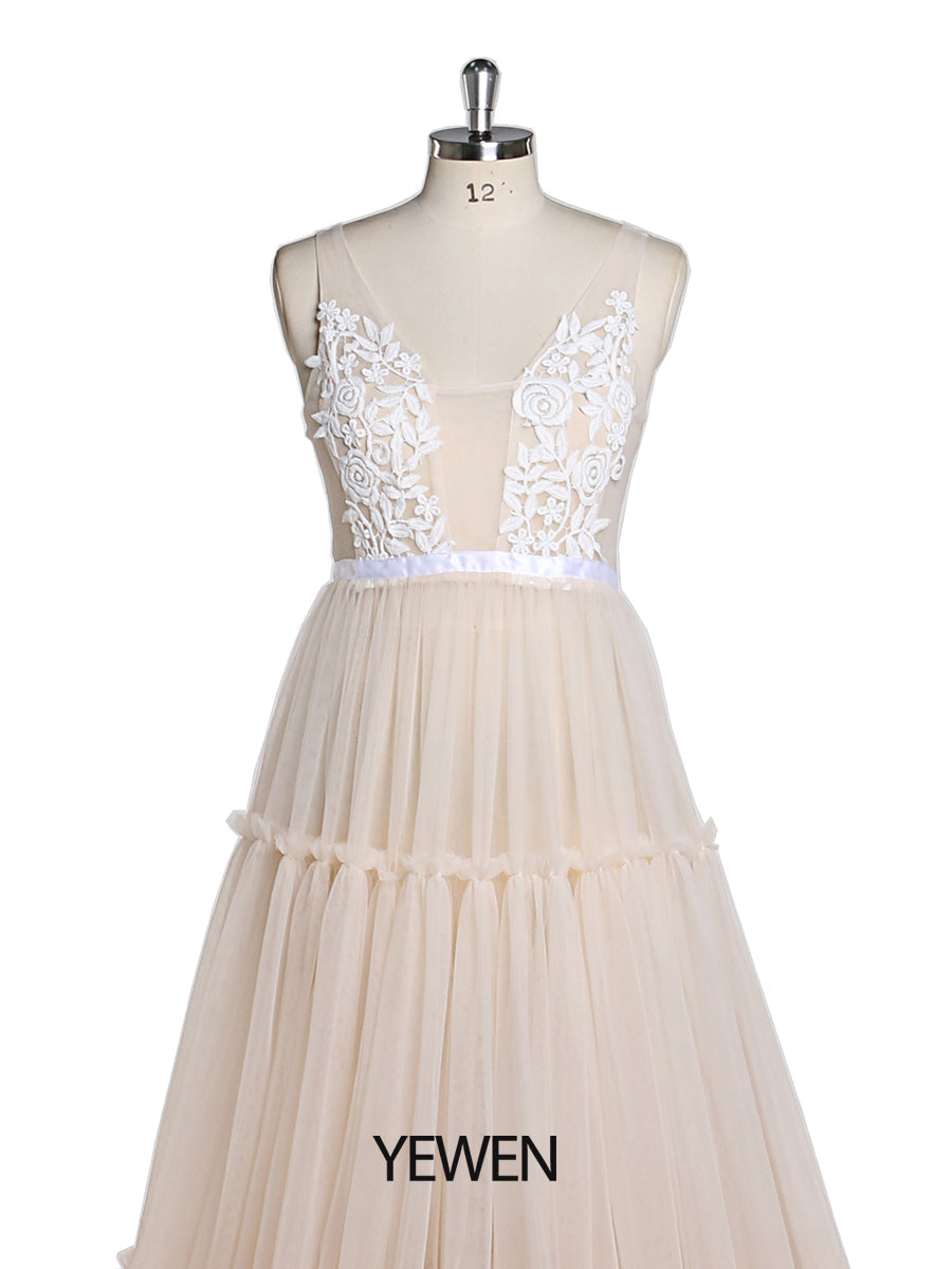 Ärmelloses Umstandskleid für Fotoshhot V-Ausschnitt Spitze Tüll Strand Brautkleid YD22603 