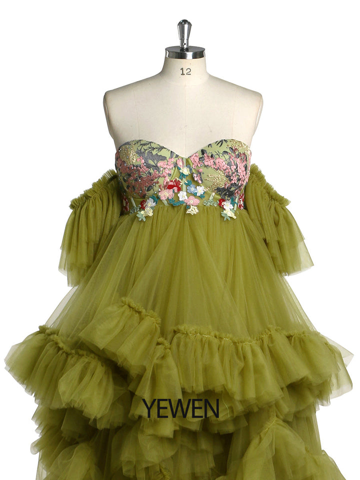 Tüll mit Stickerei Spitze Umstandskleid für Foto-Shooting Rüschen Maxi Frau Fotografie Kleid Outfit YW220628 
