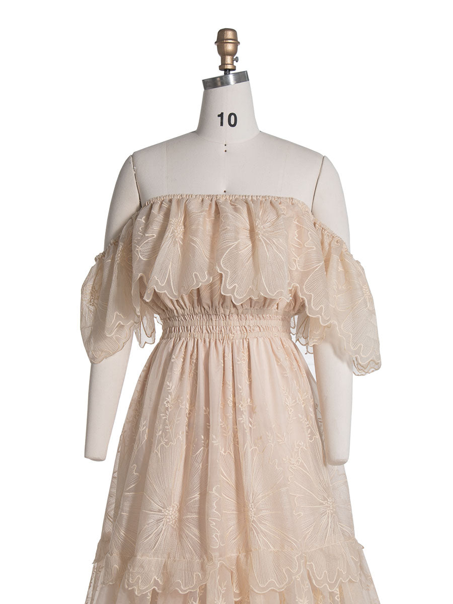 Elegantes schulterfreies Spitzen-Boho-Kleid, Fotoshooting-Kleid, böhmisches Umstandskleid, Babyparty, YW240067