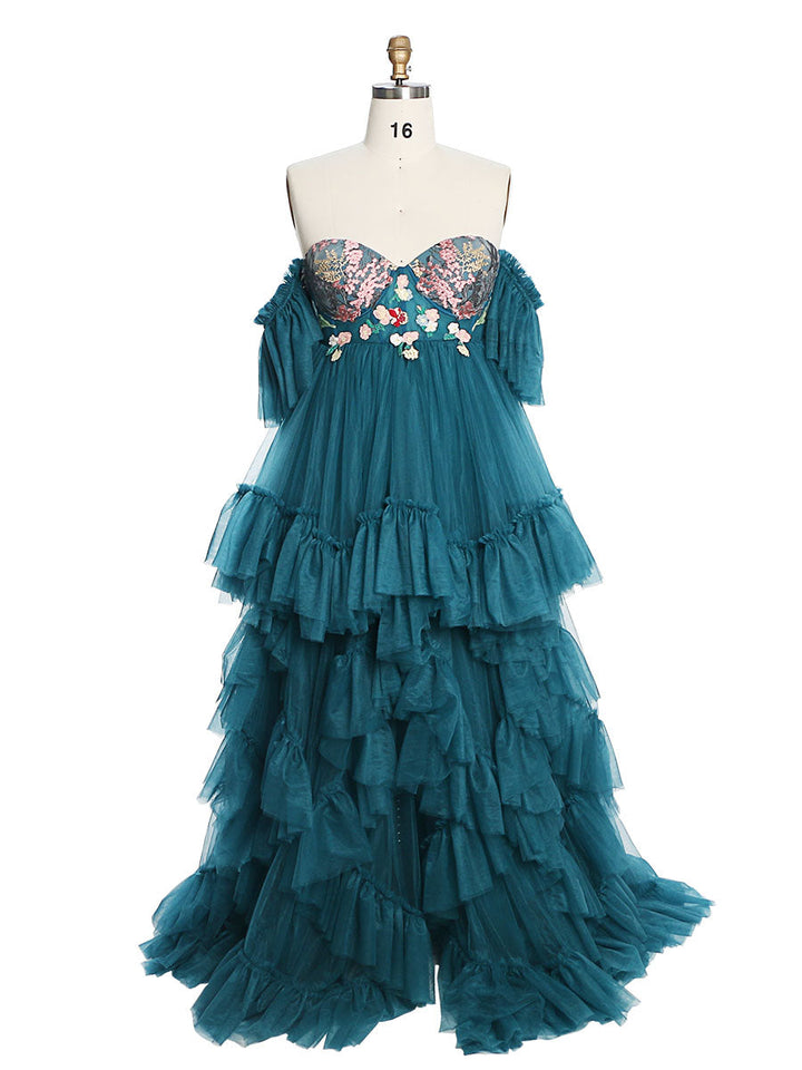 Tüll mit Stickerei Spitze Umstandskleid für Foto-Shooting Rüschen Maxi Frau Fotografie Kleid Outfit YW220628 