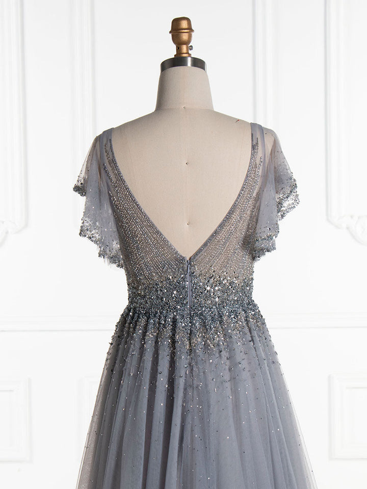 Elegantes Ballkleid mit V-Ausschnitt und silberner Perlenstickerei YE2553 