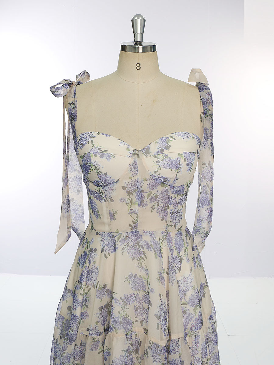 Fashion Sleeveless Blue Floral Print, Prom Dress 