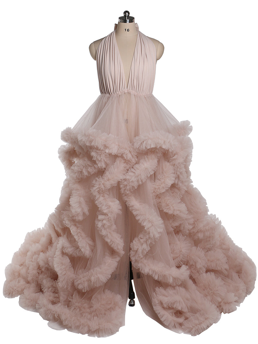 V-Ausschnitt Rückenfreies Wolkenrüschen Brautkleid Umstandskleid für Fotoshooting YW220116 