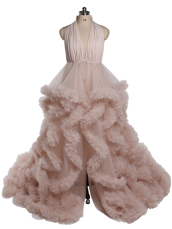 V-Ausschnitt Rückenfreies Wolkenrüschen Brautkleid Umstandskleid für Fotoshooting YW220116 