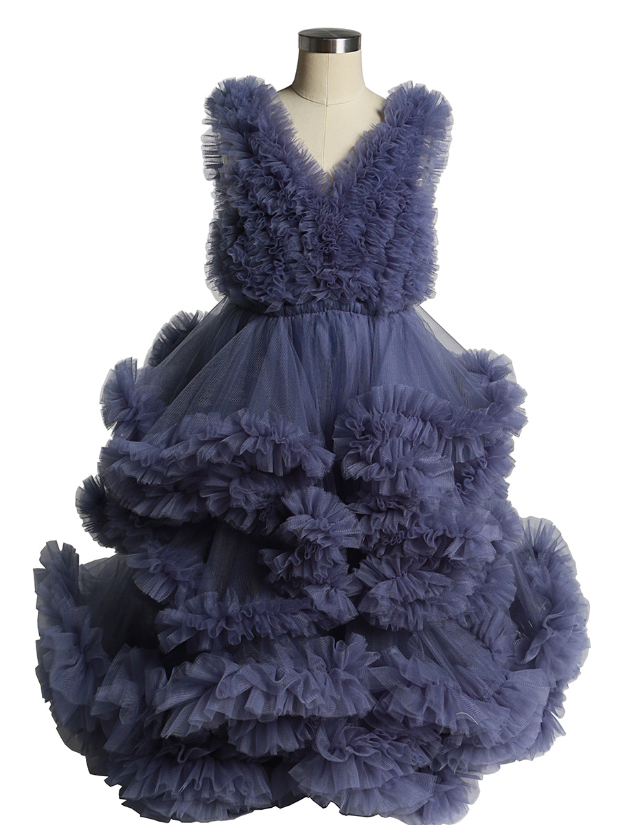 Weiche Tüllrüschen V-Ausschnitt Erstkommunionkleider für Mädchen Blumenmädchenkleider Prinzessin Partykleid Fotoshootingkleid YW220920 