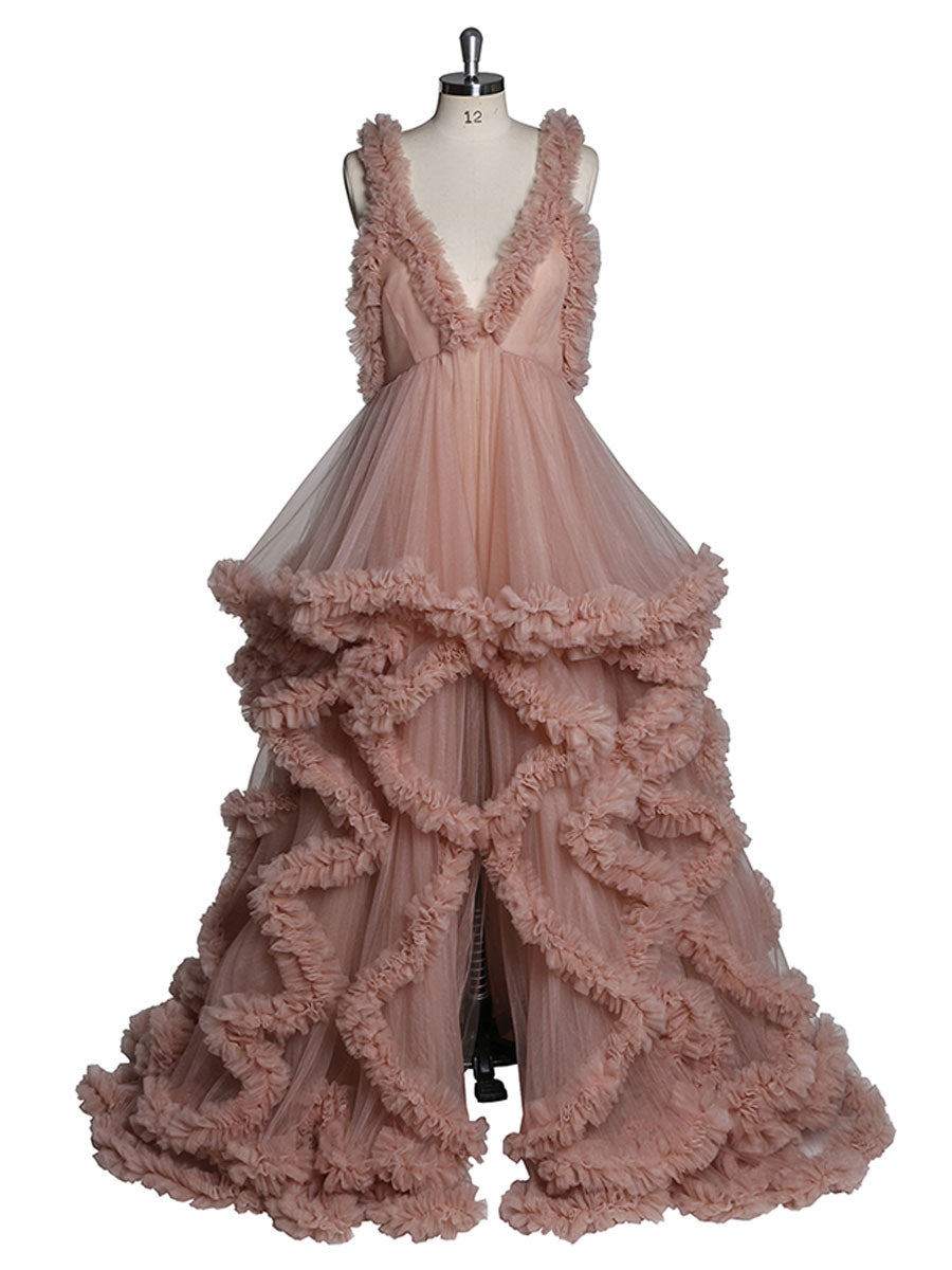 Rüschen Tüllkleid Elegante ärmellose Umstandskleider für Fotoshooting