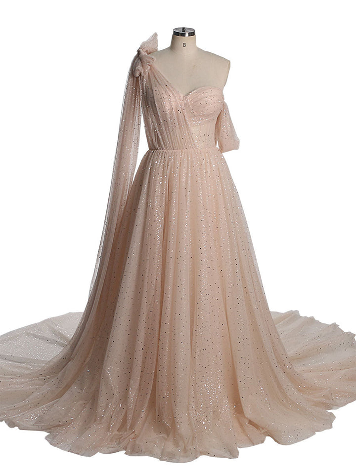 Glitzerndes Tüllkleid mit Sternenhimmel-Fotografie-Kleid, modisches Glitzer-Mesh-Designer-Ballkleid, lang, YEWEN YW010 