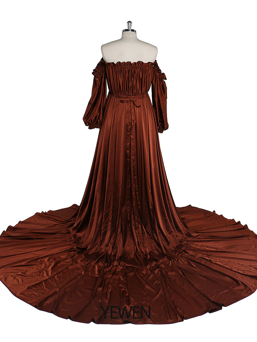 Schulterfreies Abendkleid mit langen Ärmeln und Schlitz vorne, Fotografie-Kleid, Umstandskleid für Babyparty, YEWEN YW220316 