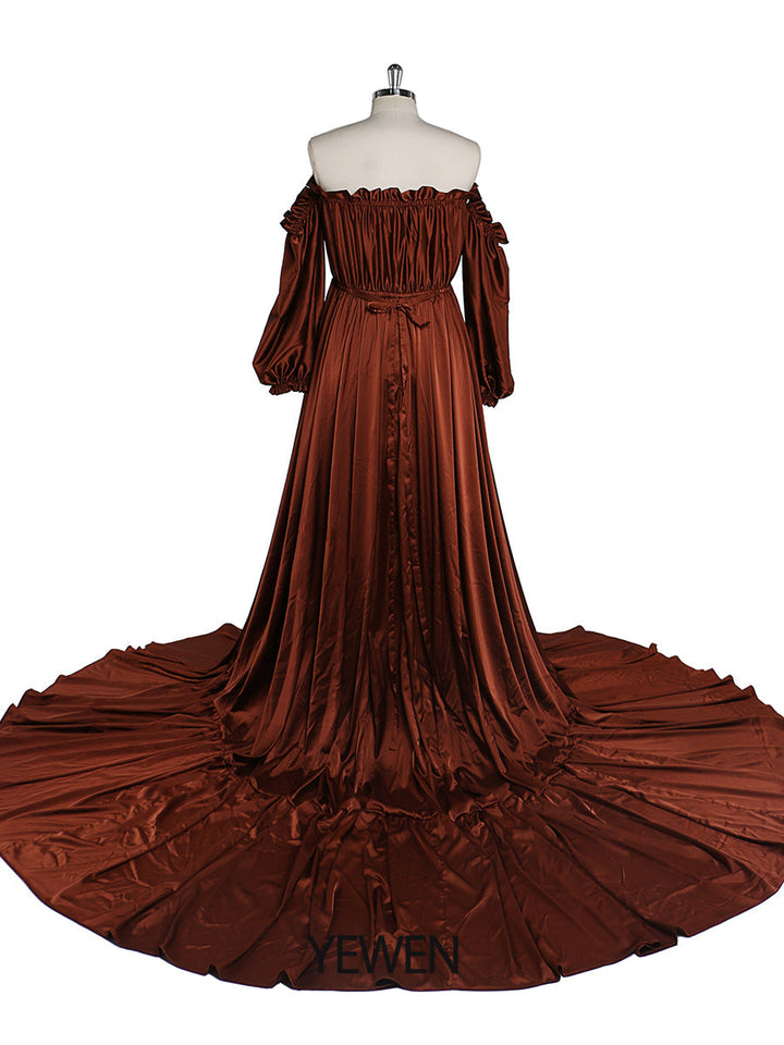 Schulterfreies Abendkleid mit langen Ärmeln und Schlitz vorne, Fotografie-Kleid, Umstandskleid für Babyparty, YEWEN YW220316 
