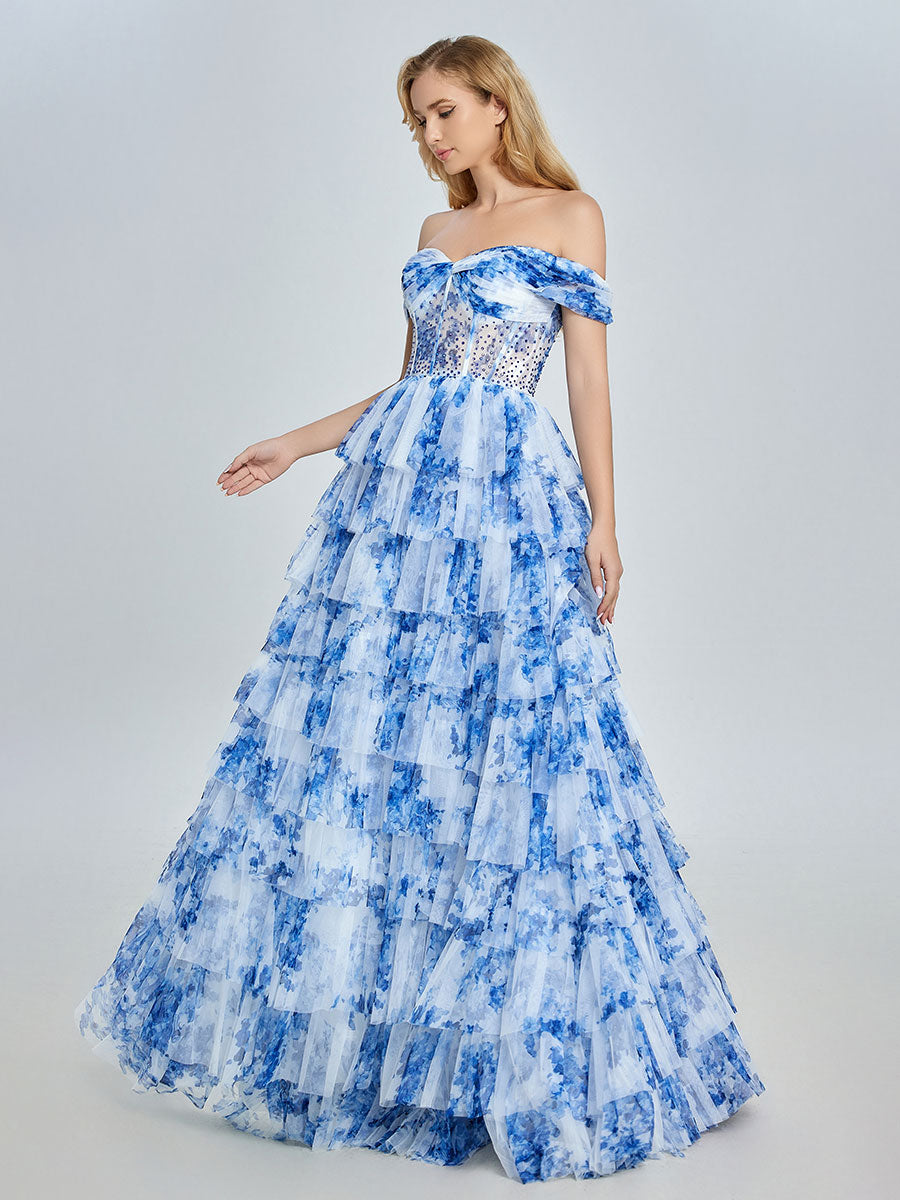 Blaues schulterfreies Ballkleid aus floralem Tüll mit mehreren Lagen YE3025 