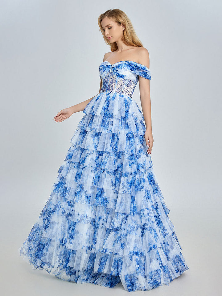 Blaues schulterfreies Ballkleid aus floralem Tüll mit mehreren Lagen YE3025 