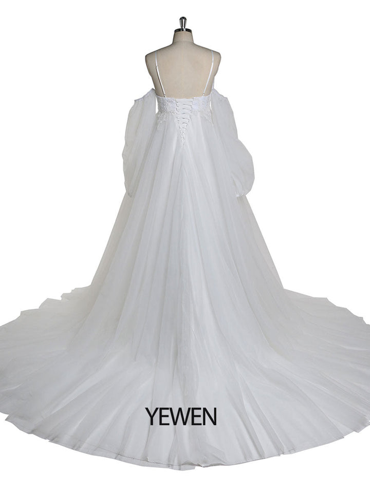 Boho-Stil V-Ausschnitt Tüll Umstandsbrautkleid Spitzenbrautkleid mit langer Schleppe YEWEN