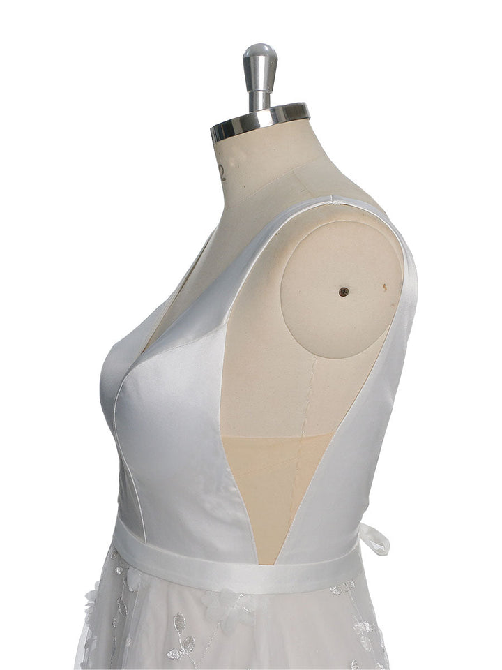 Doppelter V-Ausschnitt Tüll Spitze Bohemian Strand Brautkleid YW230217