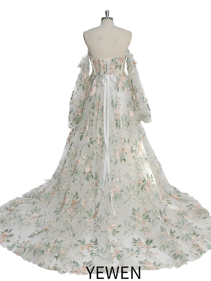 Trägerloses Brautkleid mit langen Ärmeln, Stickerei und Blumenmuster und farbigen Perlen, Kleid für Fotoshootings, YW230306 