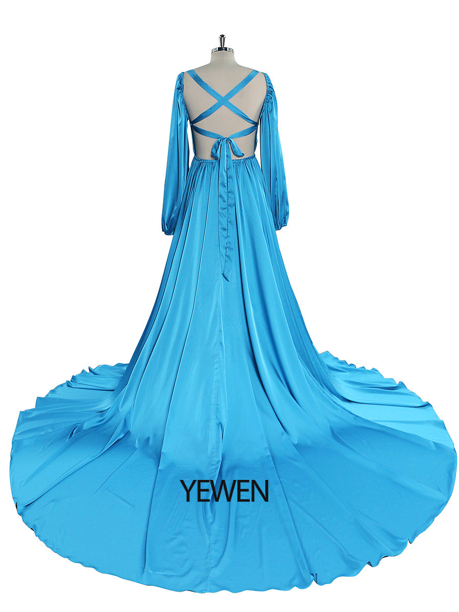 Leichtes Seidensatin-Ballkleid, Bohemian-Hochzeitspartykleid mit Schlitz, Fotografie-Kleid, Maxi-Damenkleid, YEWEN YD22407 