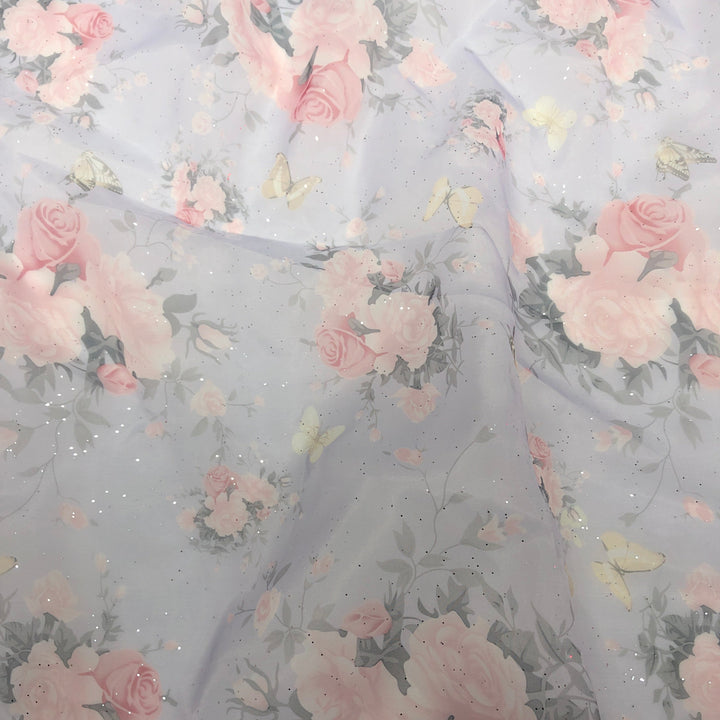 Umstandskleid Fotoshooting Print Blumenmuster Seide Weicher Organza Schulterfreies Maxikleid mit Schleppe YW230305 
