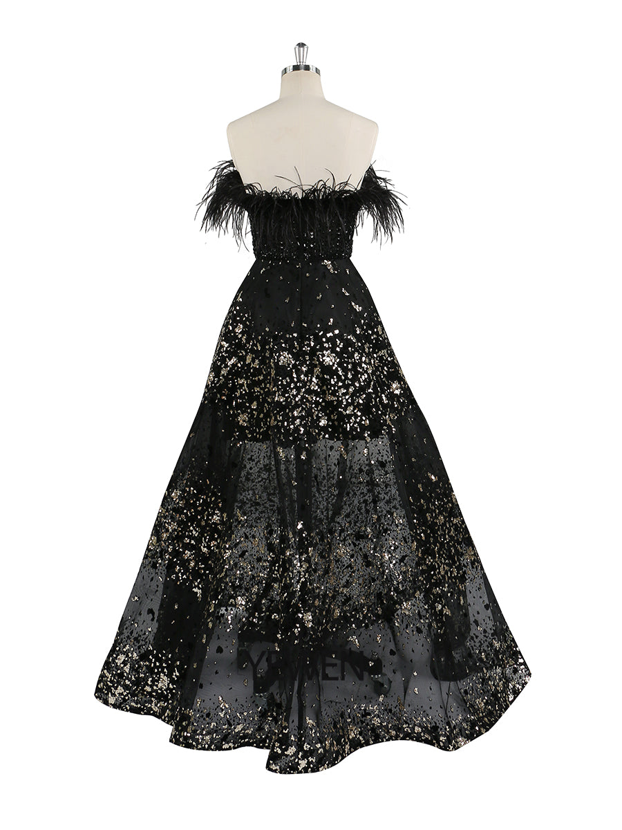 Schwarzes A-Linien-Abendkleid mit Perlen und Federn, Luxus-Hochzeitskleid, YEWEN 