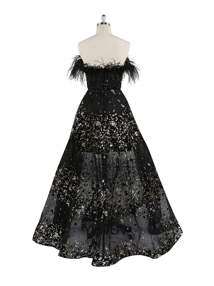 Schwarzes A-Linien-Abendkleid mit Perlen und Federn, Luxus-Hochzeitskleid, YEWEN 