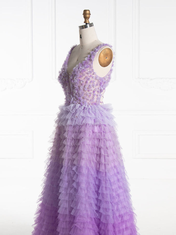 V Neck, Floor Length ,Layered Ruffles, Tulle Prom Dress 