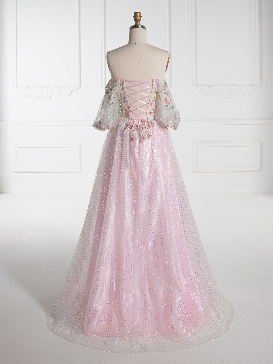 A-Linie Trägerlos Bodenlang Rosa Pailletten Ballkleider Mit Stickerei Spitze YE3002 