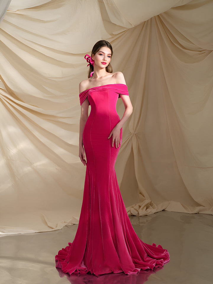 Hot Pink Samt Off the Shoulder Meerjungfrau Abendkleid Partykleid 