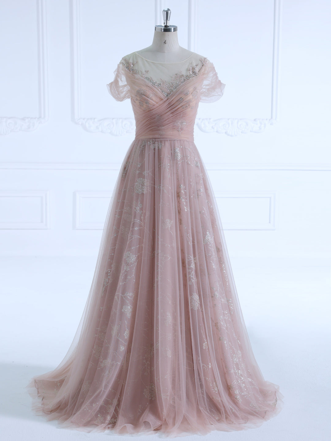 A Line,  illusion Round Neck, Floor Length , Tulle Prom Dresses With Glitter Pattern