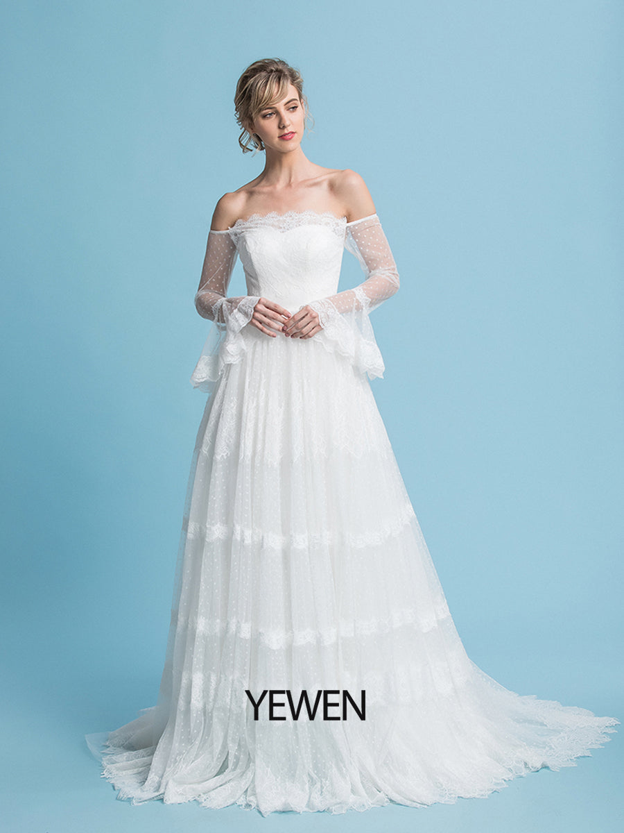 Off the Shoulder Romantisches Bohemian Brautkleid Lange Ärmel Strandhochzeit Brautkleid 
